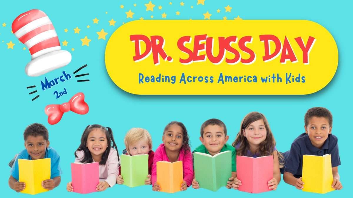 A group of kids reading in honor of Dr. Seuss Day